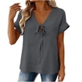 thumbnail image 4 of MaFYtyTPR Women's Summer V-Neck Blouse Fashion Solid Color Short Sleeve Tie Front Loose Fit Casual Tops A-Gray XL, 4 of 5