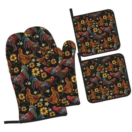 

Fotbe Sunflower Rooster for 4Pcs Oven Mitts and Pot Holders 500℉ Heat Resistant Oven Mitts Non-Slip Silicone Surface Safe for Baking Cooking BBQ