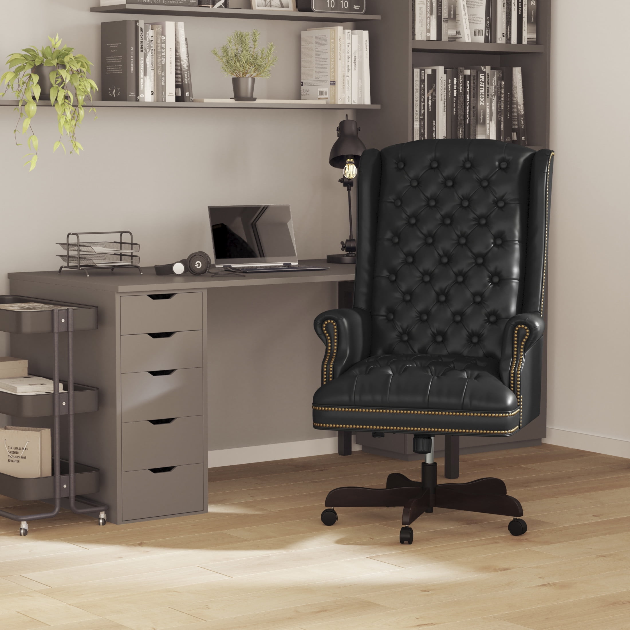 Flash Furniture Turner High Back Traditional Fully Tufted Black LeatherSoft Executive Swivel Ergonomic Office Chair with Arms