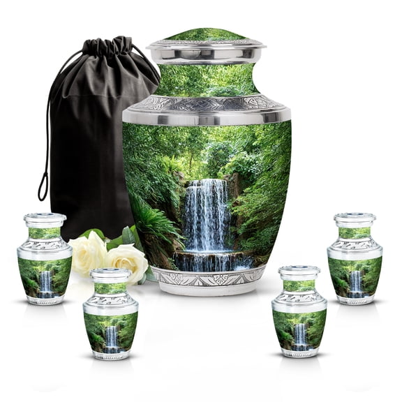 SABURIAL Waterfall Urn - Handcrafted Decorative Funeral for Adult Male & Female - Unique Memorial Burial Urns for Ash - Urns for Human Ashes Adult Man - Combo - 10 Inch Large & 3 Inch