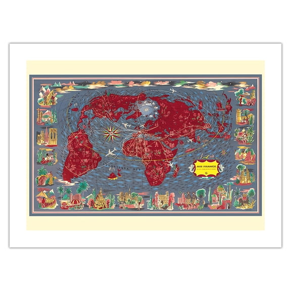 Largest Network in the World (Le Plus Grand Rseau du Monde) - Air Routes - Vintage Pictorial Map by Lucien Boucher c.1961 - Bamboo Fine Art 290gsm Paper (Unframed) 12x16in
