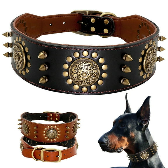 Didog Genuine Leather Spiked Studded Medium Large Dog Collar- Heavy Duty Pet Collars Wide Adjustable Rivet Neck Strap Pitbull Mastiff(Black,L)