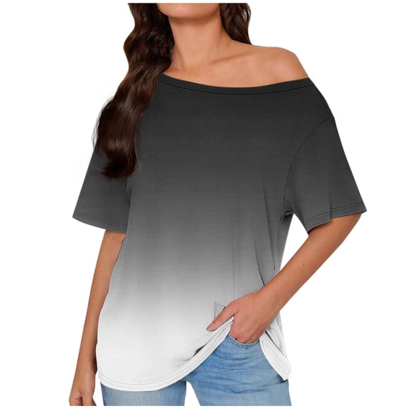 Olyvenn Womens Summer Tops Gradient Printed Short Sleeve Top Cold Shoulder Tunic T Shirt Casual Versatile Blouses Lounge Stylish Tops Black XL
