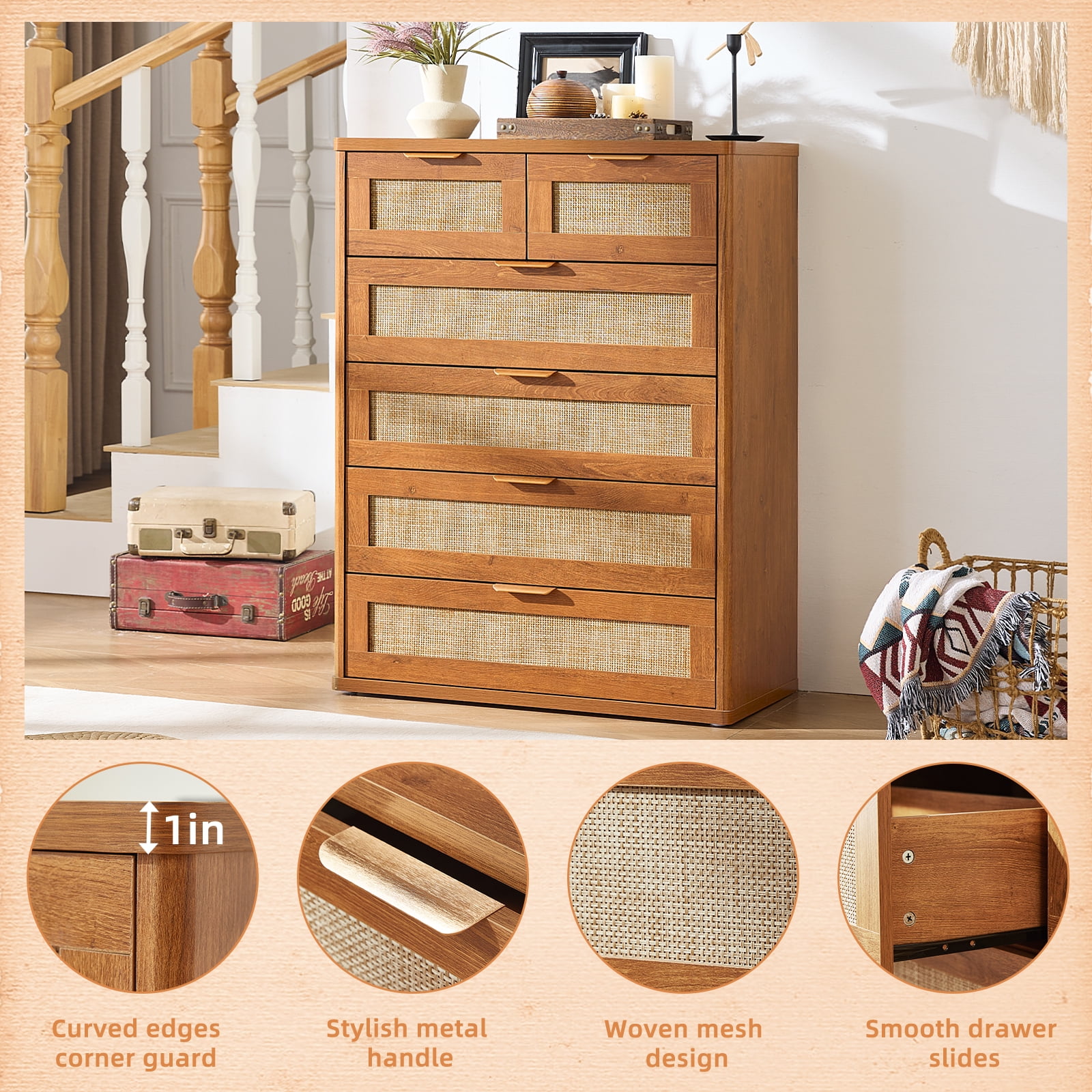 6 Drawer Tall Dressers, Rattan Dresser with Large Storage Space Boho Dressers & Chests of Drawer Wooden Dressers for Bedroom, Tea Brown