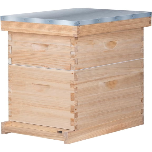 8 Frame Bee Hive, Compelte Bee Hive Starter Kit Includes 1 Deep Brood Honey Bee Hives Box, 1 Medium Super Bee Box with Beehive Frames and Foundation Sheets