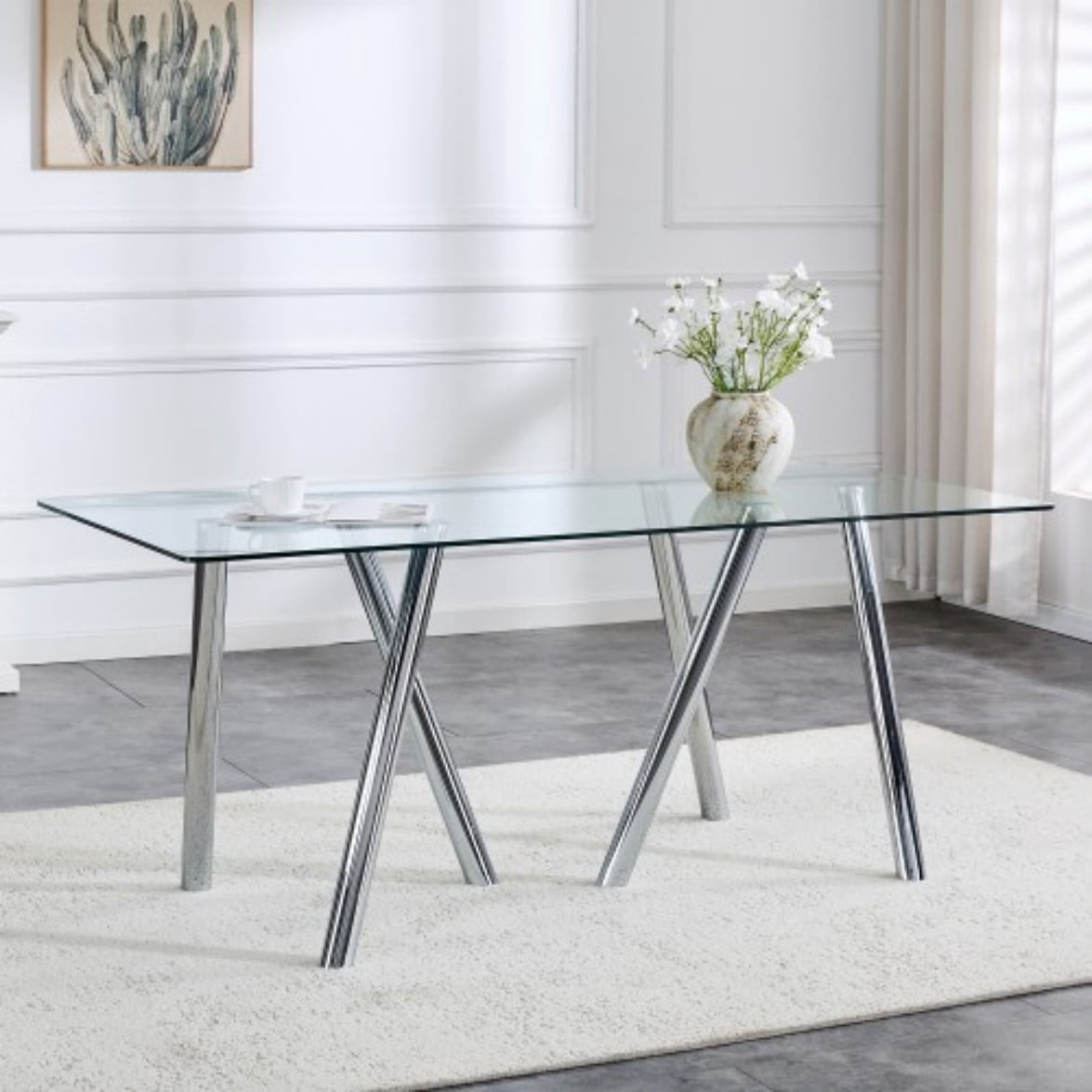 71" Tempered Glass Dining Table, Modern Large Kitchen Table with Sturdy Metal Legs, Round Edge Dining Room Table for Home & Family, Silver