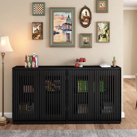 WAWOKV Mid Century Modern Fluted Hollowed Out Sideboard Cabinet with 2 Outlet Holes, Black, 1-Piece, 39 Inch