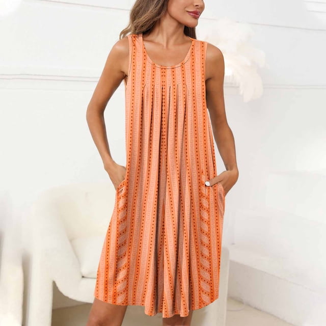 Camisón de mujer con estampado y bolsillos, sin mangas, plisado, cuello redondo