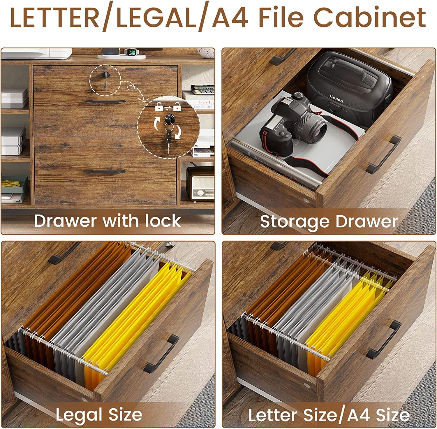 44" File Cabinet, Filing Cabinet fits Legal/Letter Size, 2 Drawer File Cabinets for Home Office with Lock, Power Strip, 6 Storage Shelves, Rustic Brown