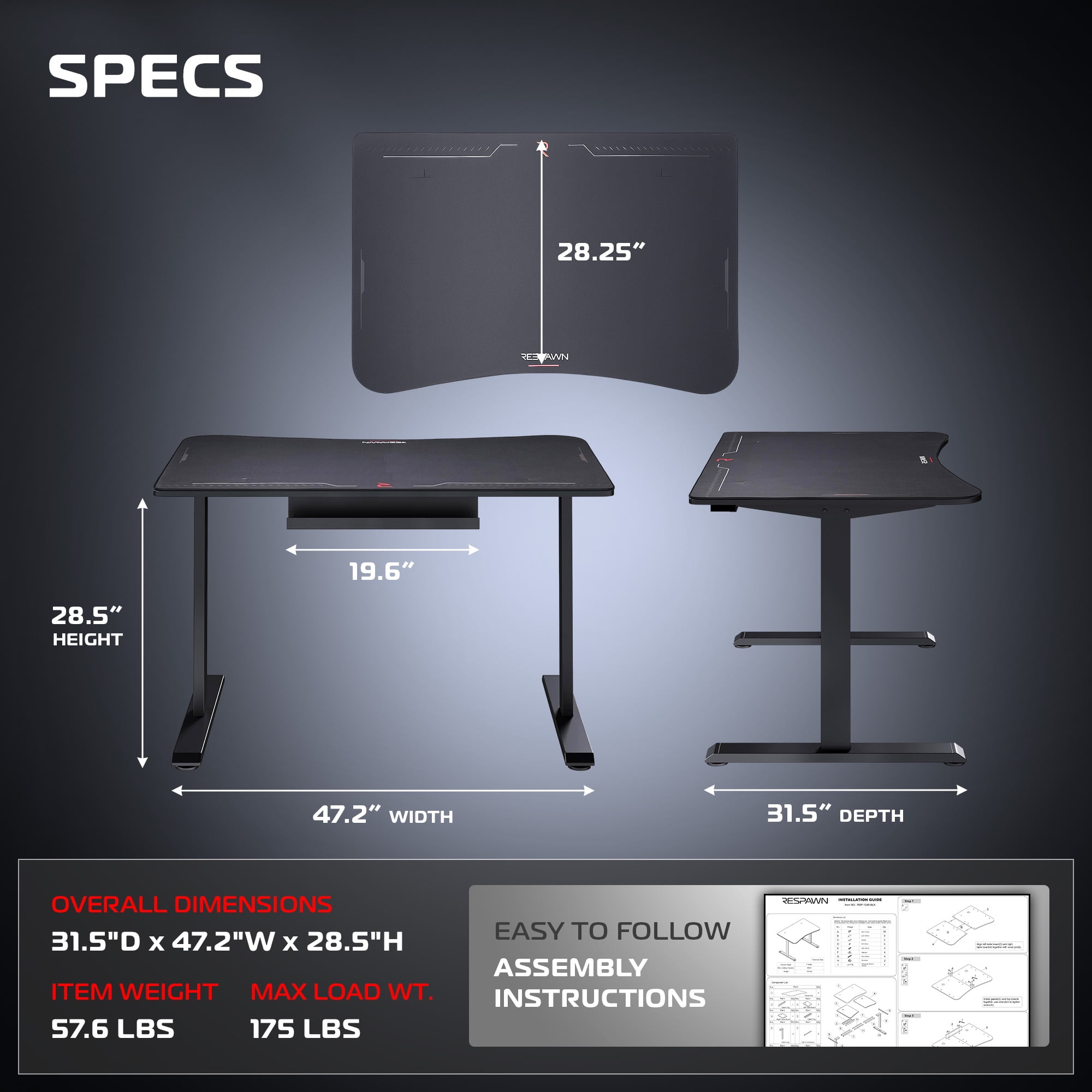 RESPAWN 1048 Gaming Desk with Cable Management - 48 Inch Ergonomic Full Computer Desk Mouse Pad, Sturdy Home Office Workstations, Laptop PC Console Gamer Table, Wooden Study Table for Bedroom - Black