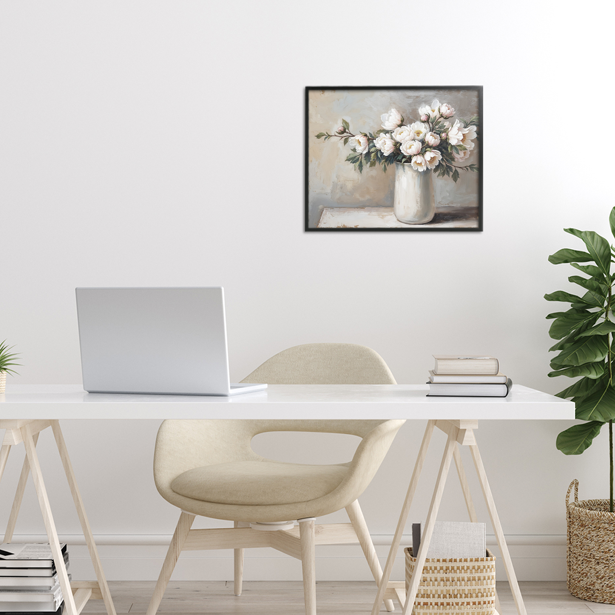White Flowers in Vase Still Life Black Framed Giclee Art, design by Lettered and Lined