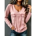 thumbnail image 3 of Women's Pink Denim Button Pocket V-Neck Long Sleeve Blouse, 3 of 6