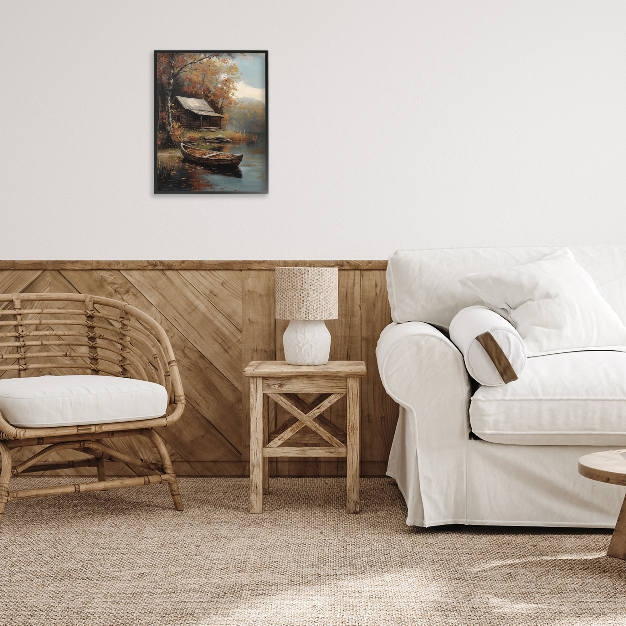 Autumn Cabin Canoe with Leaves Black Framed Giclee Art, design by Arlington Prints