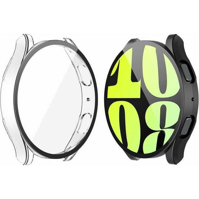 KOMI 2 Pack Hard Case Compatible with Samsung Galaxy Watch 6 44mm with Screen Protector, HD Tempered Glass Screen Protector Cover Overall Protective Cover, Black