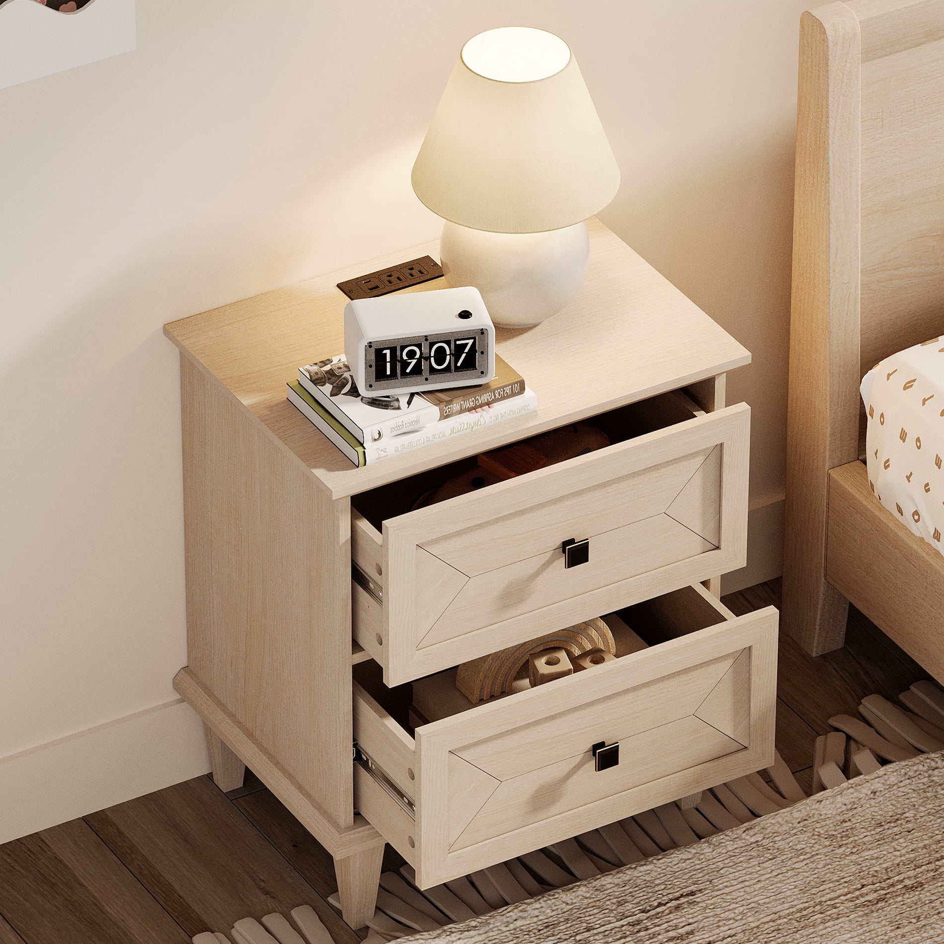 WAMPAT Nightstand with Charging Station, Modern Farmhouse Bedside Table with Storage Drawers & Solid Wood Legs, Beige End Table for Bedroom Living Room, Light Beige