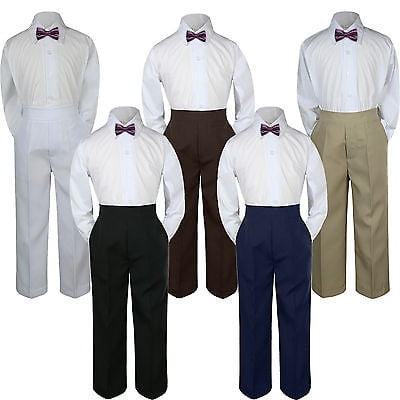 3pc Eggplant Plum Bow Tie Suit Shirt Pants Set Baby Boy Toddler Kid Uniform S-7 