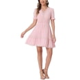 thumbnail image 2 of Vestido Casual Mini de Manga Abullonada con Escote en V y Cintura Elástica de Smock para Mujeres Chic, Rosa Claro, Talla S, 2 of 5