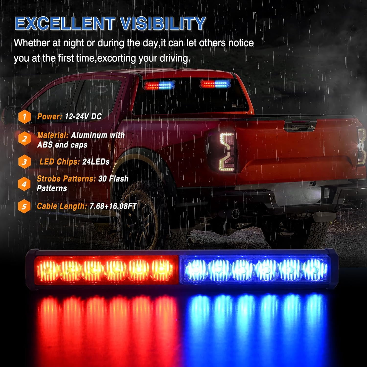 Nilight 24LED Emergency Strobe Traffic Advisor Light Bar 2 in 1 Red Blue Dash Warning Safety Flashing Lights Front/Rear Windshield Construction Lights for Trucks Cars