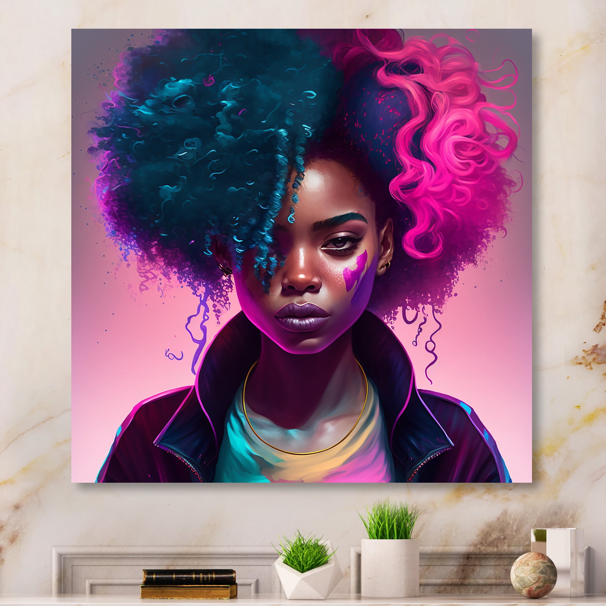 Designart Fashion Hip Hop Girl In Pink And Blue IV Canvas Wall Art
