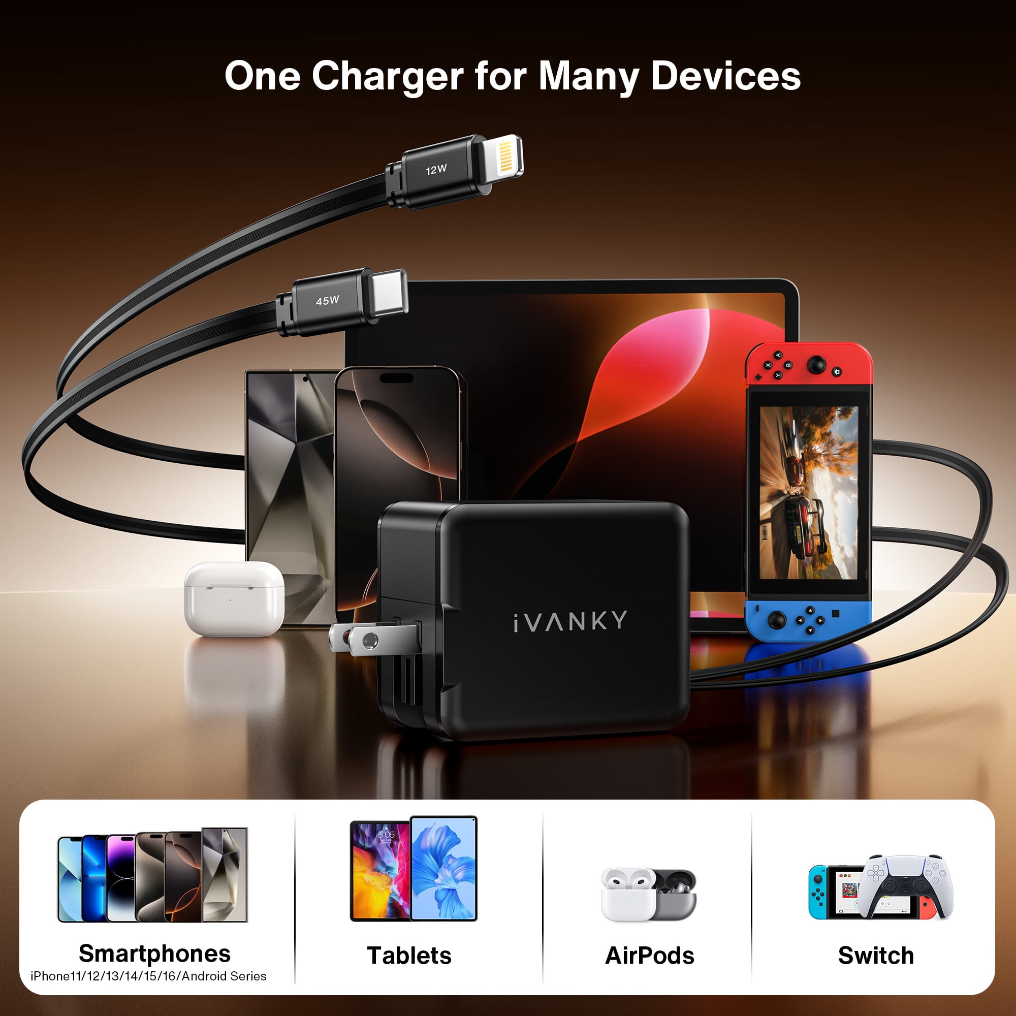 4 in 1 45W Fast Charging Retractable Wall Charger with Dual USB C Cables