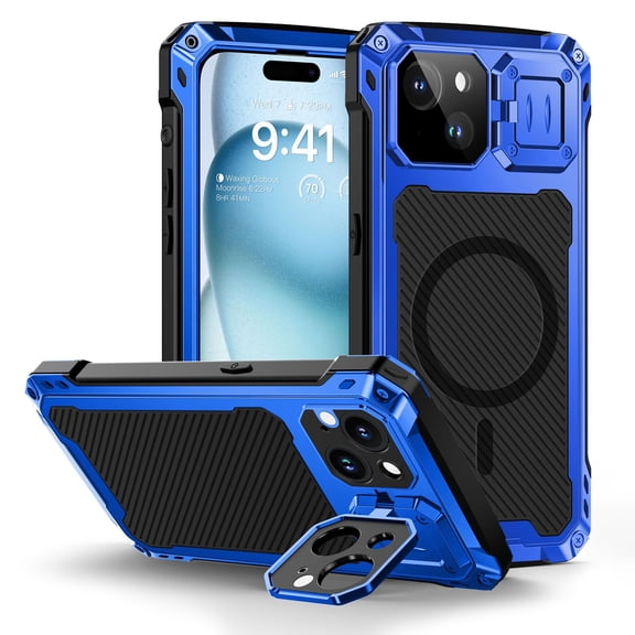 For iPhone 15 Metal Case, [Built-in Camera Kickstand & Glass Screen Protector] Heavy Duty Protective Rugged Full Body Military Grade Aluminum Magnetic Cover for iPhone 15 6.1"