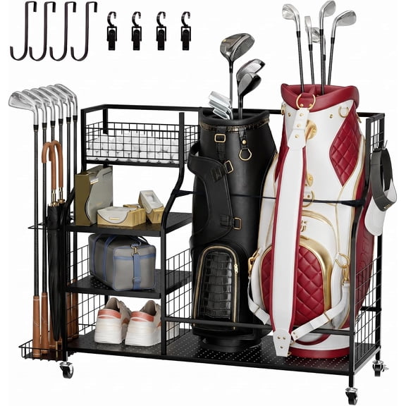 Ztysn Golf Bag Storage Rack Organizer for Garage,Golf Club Holder Extra Large Golf Bag Stand for 2 Golf Bags,Sports Golf Equipment Accessories,Metal/Black
