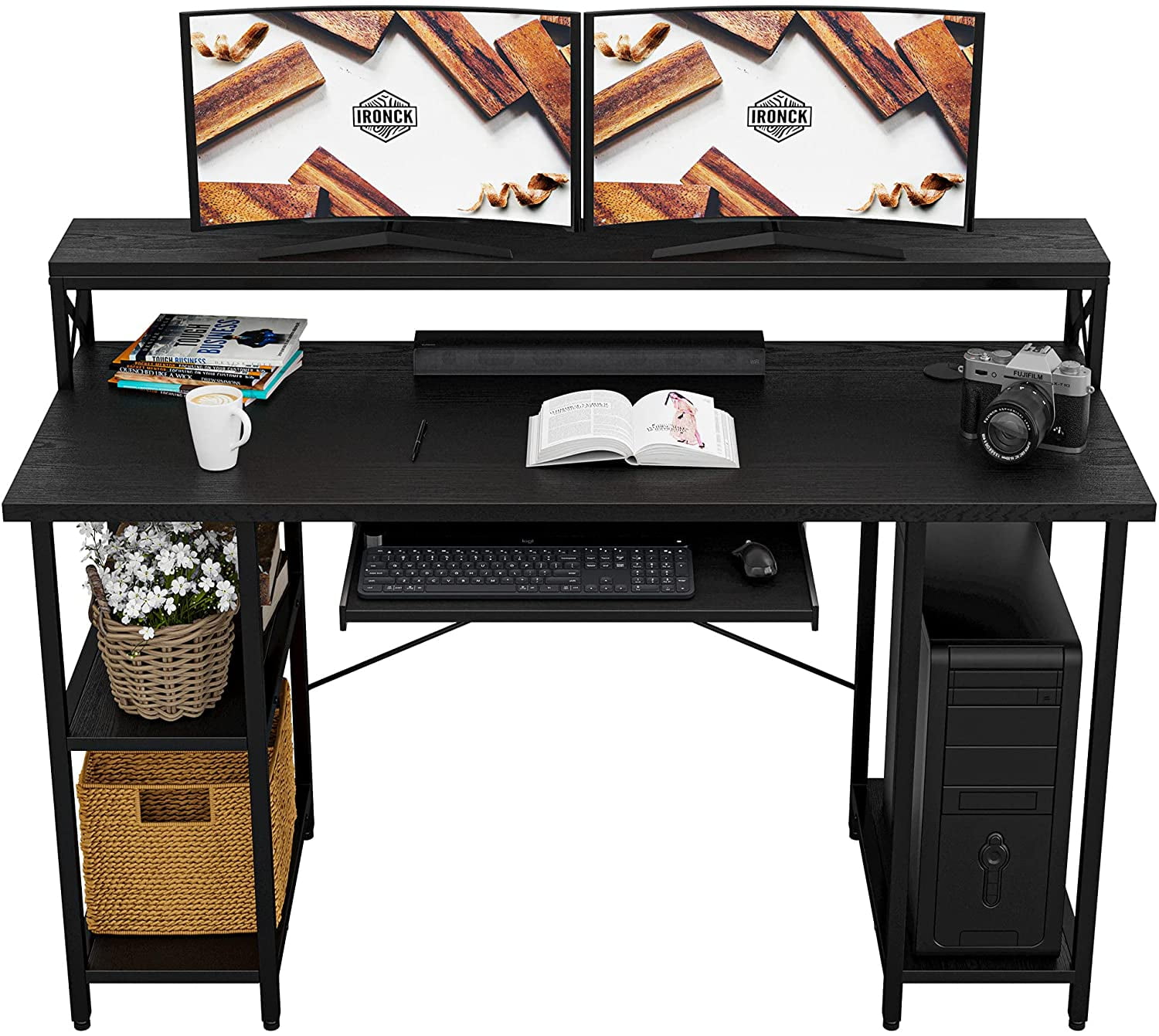 Z Shaped Black Computer Desk Home Office Workstation Laptop Table &Keyboard Tray 