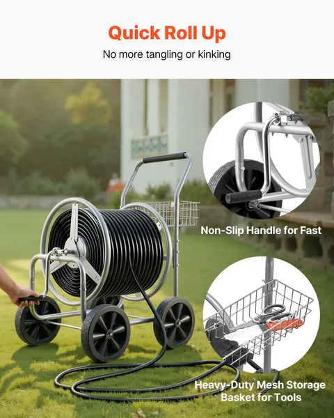 Heavy Duty 250 ft 5/8 Inch Garden Hose Reel Cart with 4 Wheels Storage Basket Powder Coated Steel Mobile Water Hose for Yard Lawn