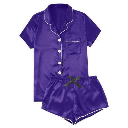 Tweang Short Sleeve Pajamas loungewear sets woman Soft Short Sleeve short sets for women pajamas for women set Button Down Short Sleeve Lounge Sets Pjs homewear Pajama Set Sleepwear Pj Set Purple S