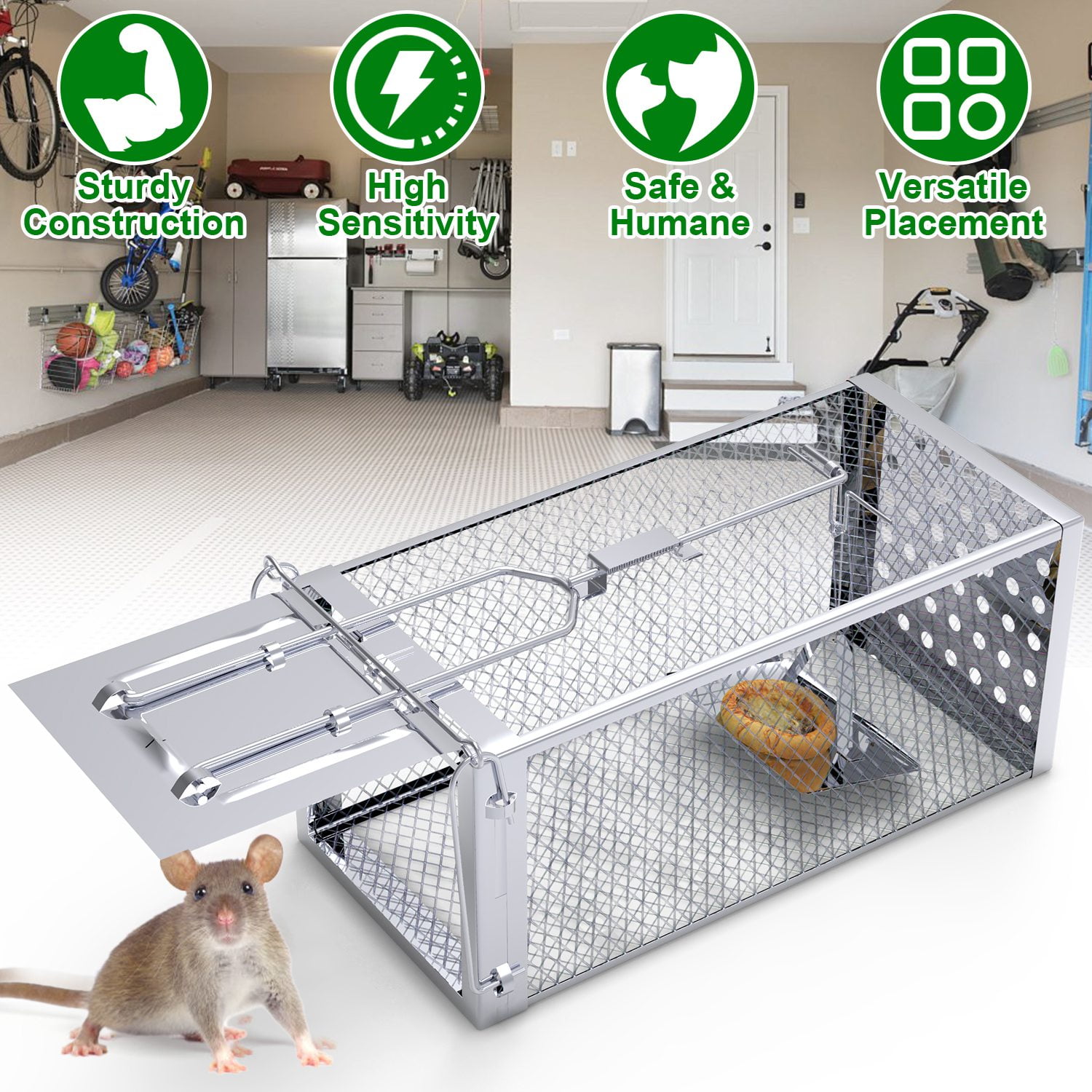 Humane Auto Lock Stainless Steel Rat Trap Cage, High Sensitivity Gravity Pedal One-Way Door Rodent Live Catcher Safe Reusable Mouse Trap For Indoor Outdoor Home Garden Warehouse