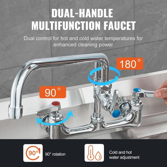 36" Commercial Kitchen Faucet with Pre-Rinse Spray, 8" Centerset, 12" Swing Spout, Brass Wall Mount for 1/2/3 Compartment Sink – Pull Down Sprayer