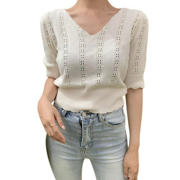 Ochine Women's Blouse Knit Slim Fit Hollow Out Ruched Short Ribbed Sleeve Hi Waist V Neck Solid Color Belted Tee Shirt Casual Sexy Fashion Top Summer Going Out, One Size