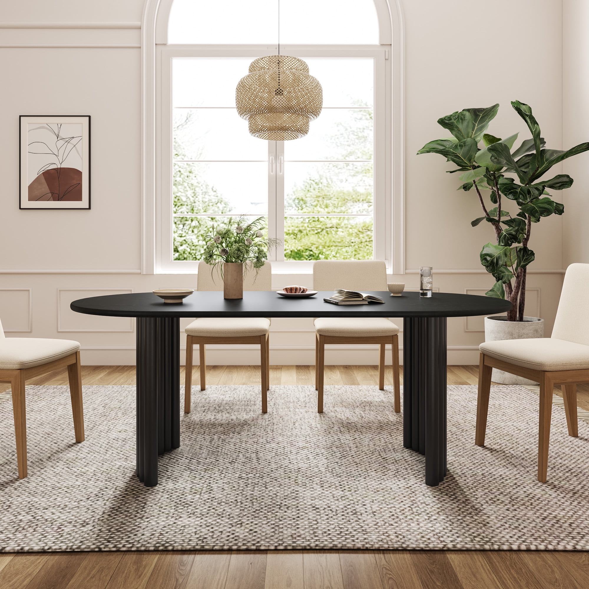 MAYEERTY Modern 67*33.5*30" Oval Black Dining Table with Arc - shaped Fine - Striped Legs, Seats 6