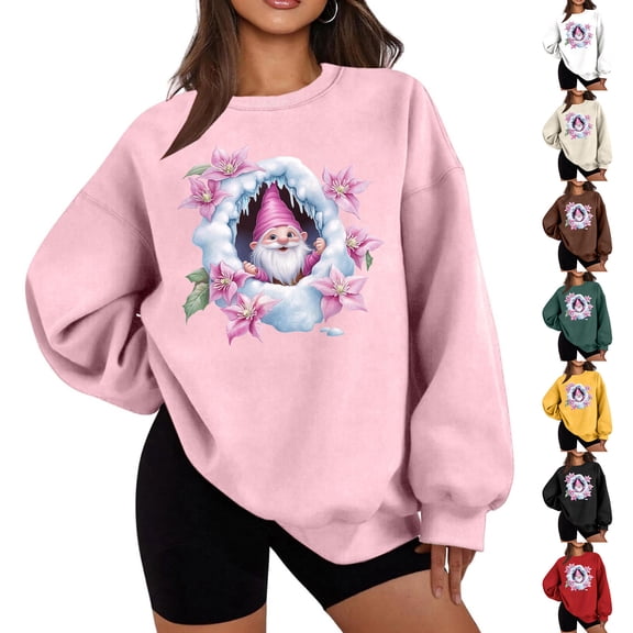Feancey Merry Christmas Sweatshirt Women Novelty Gnome Printed Pullover Tops Drop Shoulder Long Sleeve Crewneck Sweatshirts Fashion Gift Ideas Coffee S