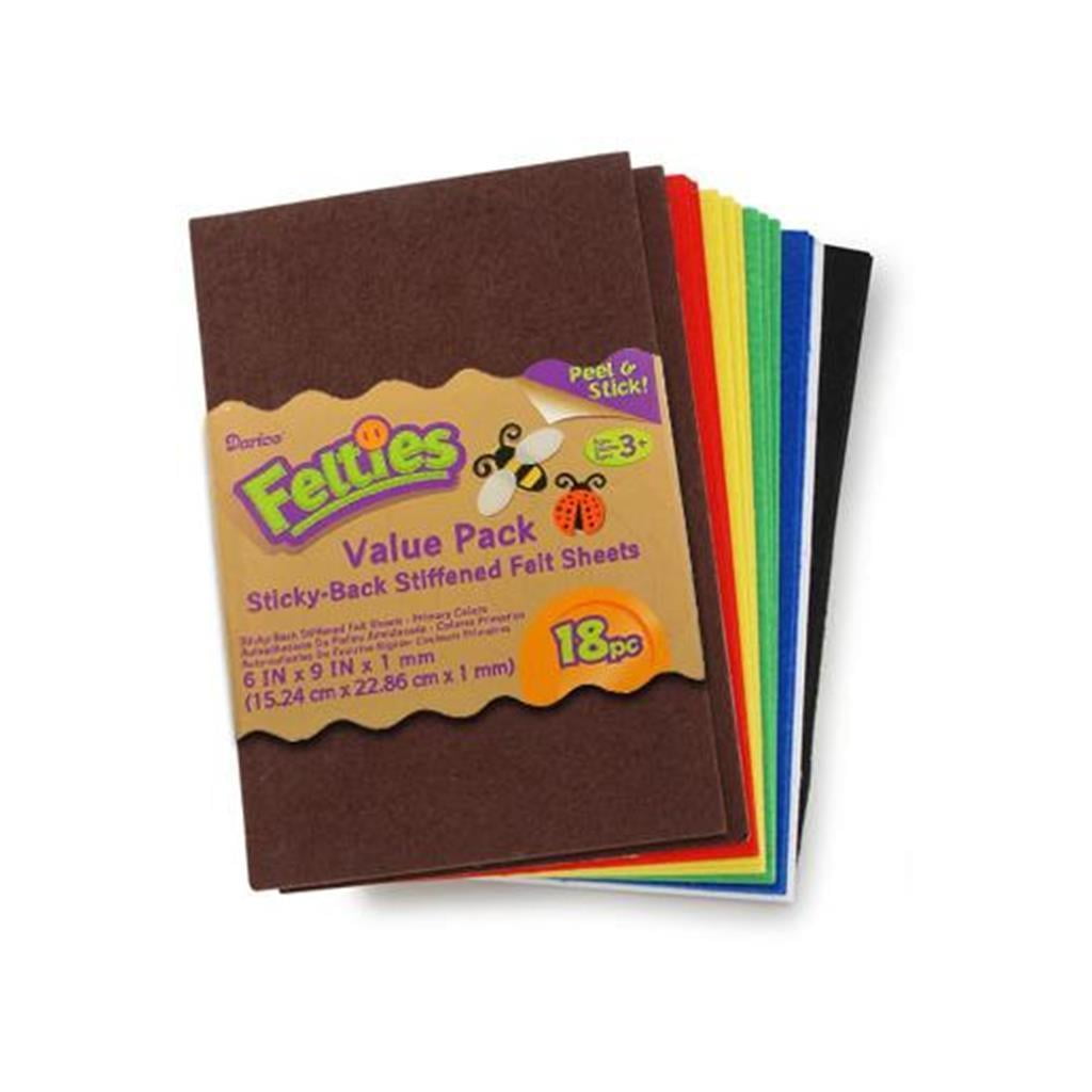 Assorted Bright Colors Costumes 6/” L x 9/” W 18 Sheets Scouts Great for Craft Projects with Kids Classrooms 1mm Thick Per Sheet Darice Felties Stiff Felt Sheets with Sticky Backs Parties