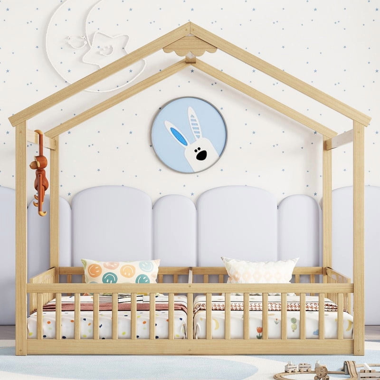 Mirightone Double Twin Bed Frames for , Twin House Bed for 2，Wood Montessori Floor Beds Frame with Fence Railings,（Natural）