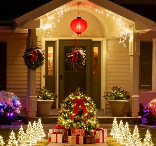2ft Battery-Operated Prelit Morinda Umbellata Tree 69 Tips 24 LED Lights Berries Pine Cones Tripod Stake Outdoor Decor
