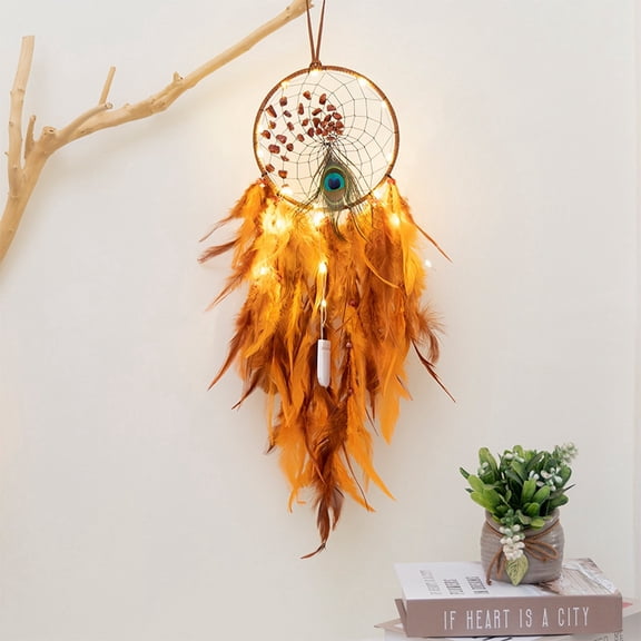 Woven Web/Net with Feather Wall Hanging Decorations with Iron Ring for Home Bedroom Decorations Gold 500x160mm