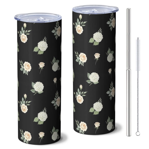 Pioneer Flower Floral Print Pattern 20oz Skinny Tumbler with Straw & Lid, Double Wall Vacuum Insulated Cup, Leak-Proof, Cup Holder Friendly, Hot 6H Cold 12H