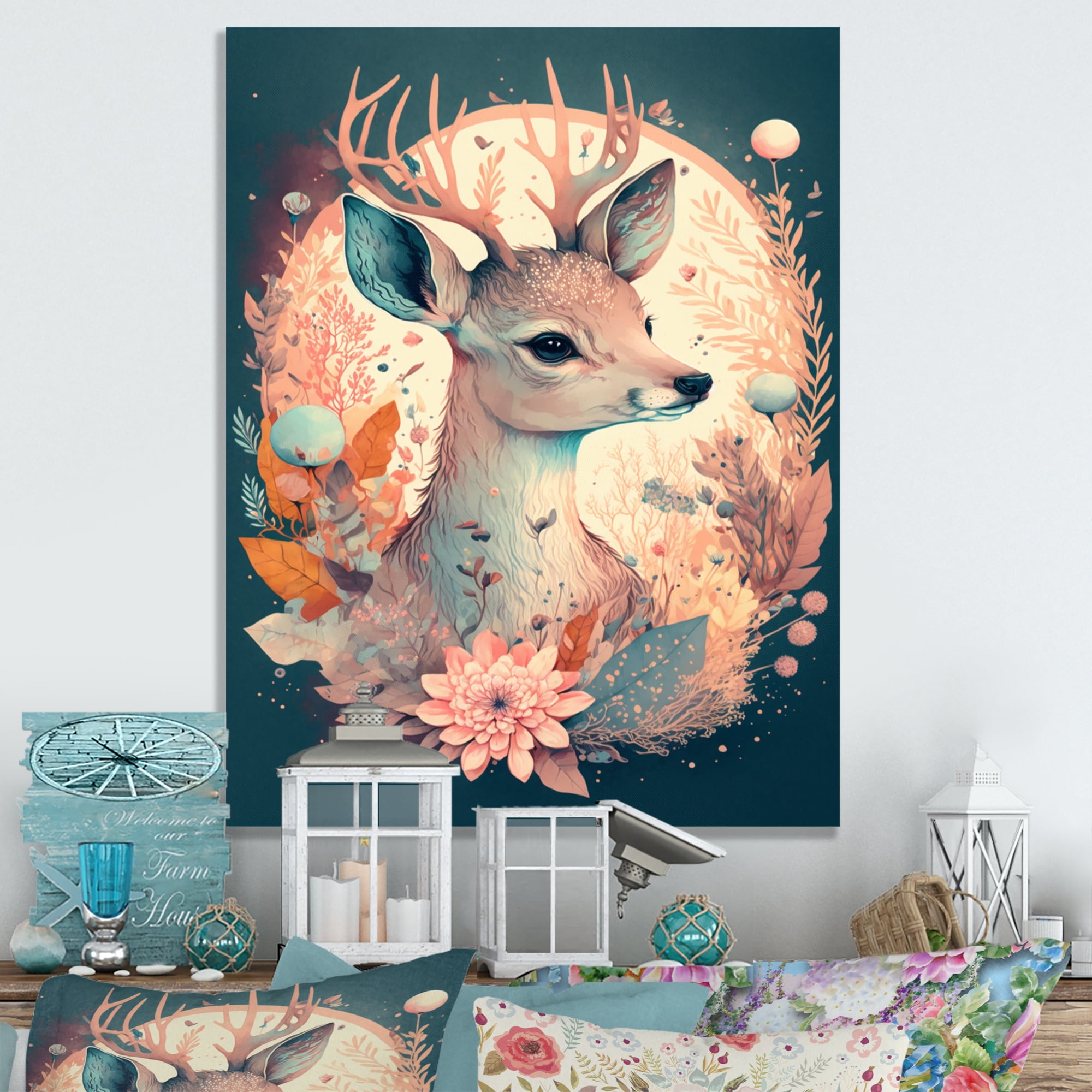 Designart Cute Deer Floral Art IV Canvas Wall Art
