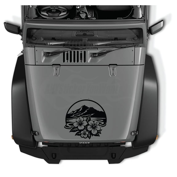 AnyStickerYouWant - Hawaiian Mountain Canyon Volcano Beach Hibiscus Vinyl Hood Decal Sticker, 22" Tall Hibiscus Vinyl Hood Decal - Fits on & Compatible with Jeep Wrangler & Jeep Gladiator