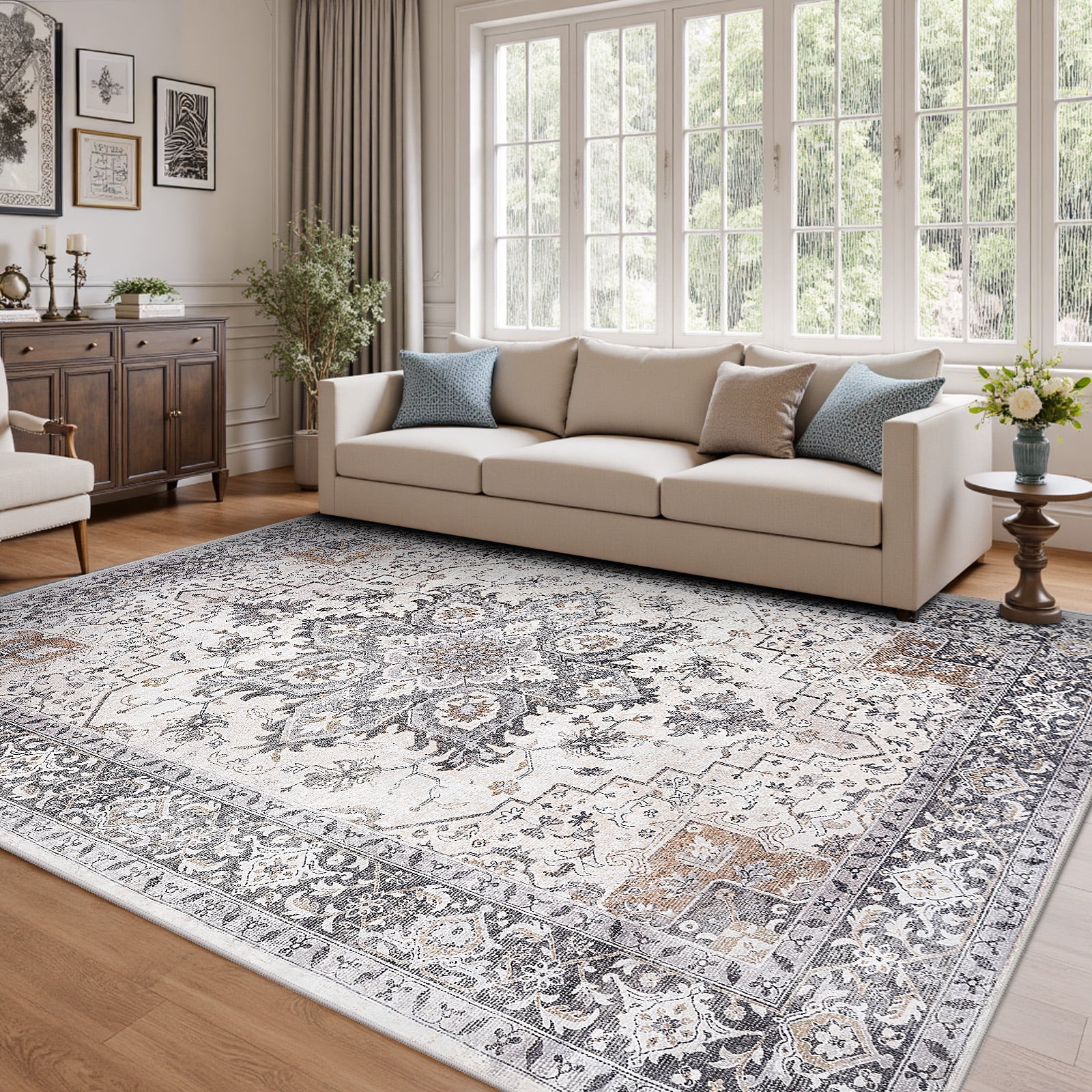 CHITOOMA 9'x12' Area Rugs for Living Room, Machine Washable Rugs Vintage Area Rug for Bedroom Dining Room Dorm Office with Non-Slip Backing, Stain Resistant Non-Shed Carpet