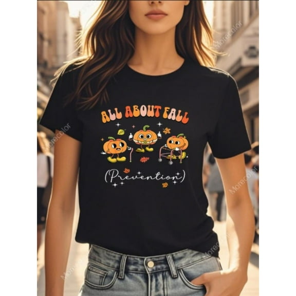 Autumn Pumpkin Tee Fall Leaf Print T Shirt Soft Commuting Cotton Graphic Comfort Tees Tops Black S-5XL