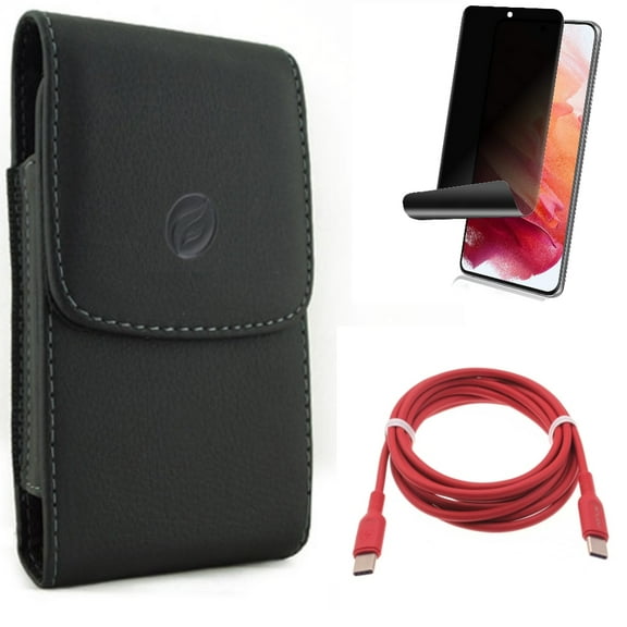 Privacy Screen Protector & Case Belt Clip & Red 6ft Long Cable for Samsung Galaxy S22 (6.1") - TPU Film Fingerprint Works & Leather Holster & USB-C to Type-C PD Fast Charger Accessory Bundle