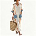thumbnail image 4 of KHONTS Women's 3/4 Sleeve V-Neck Strip Oversize Linen Maxi Dress Plus Size Loose Long Dresses 10-Blue XL, 4 of 6
