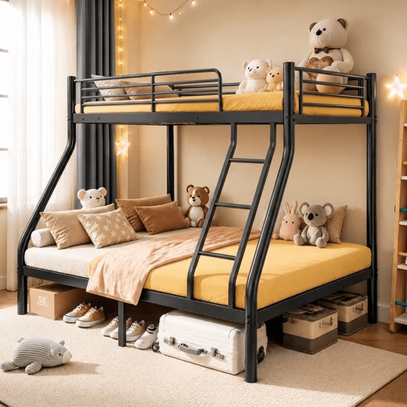 Netrum Twin over Full Bunk Bed for Teens Adults,Heavy Duty Metal Bunk Beds Frame with Ladder,Twin Full Size Bed Bunk Bed with Safe Guardrail for Small Rome,Black