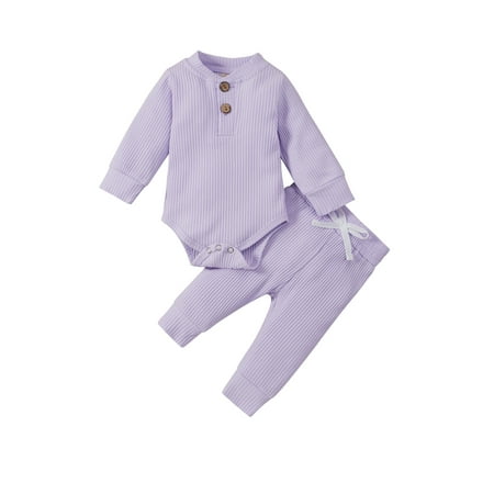 

Izhansean Newborn Infant Baby Boy Girl Winter Clothes Ribbed Solid Button Long Sleeve Tops Pants 2PCS Set Light Purple 18-24 Months