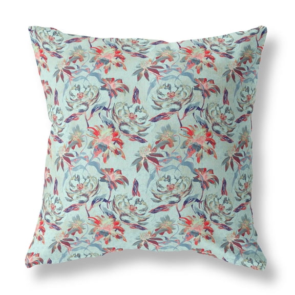 18â€ Red Aqua Roses Indoor Outdoor Throw Pillow