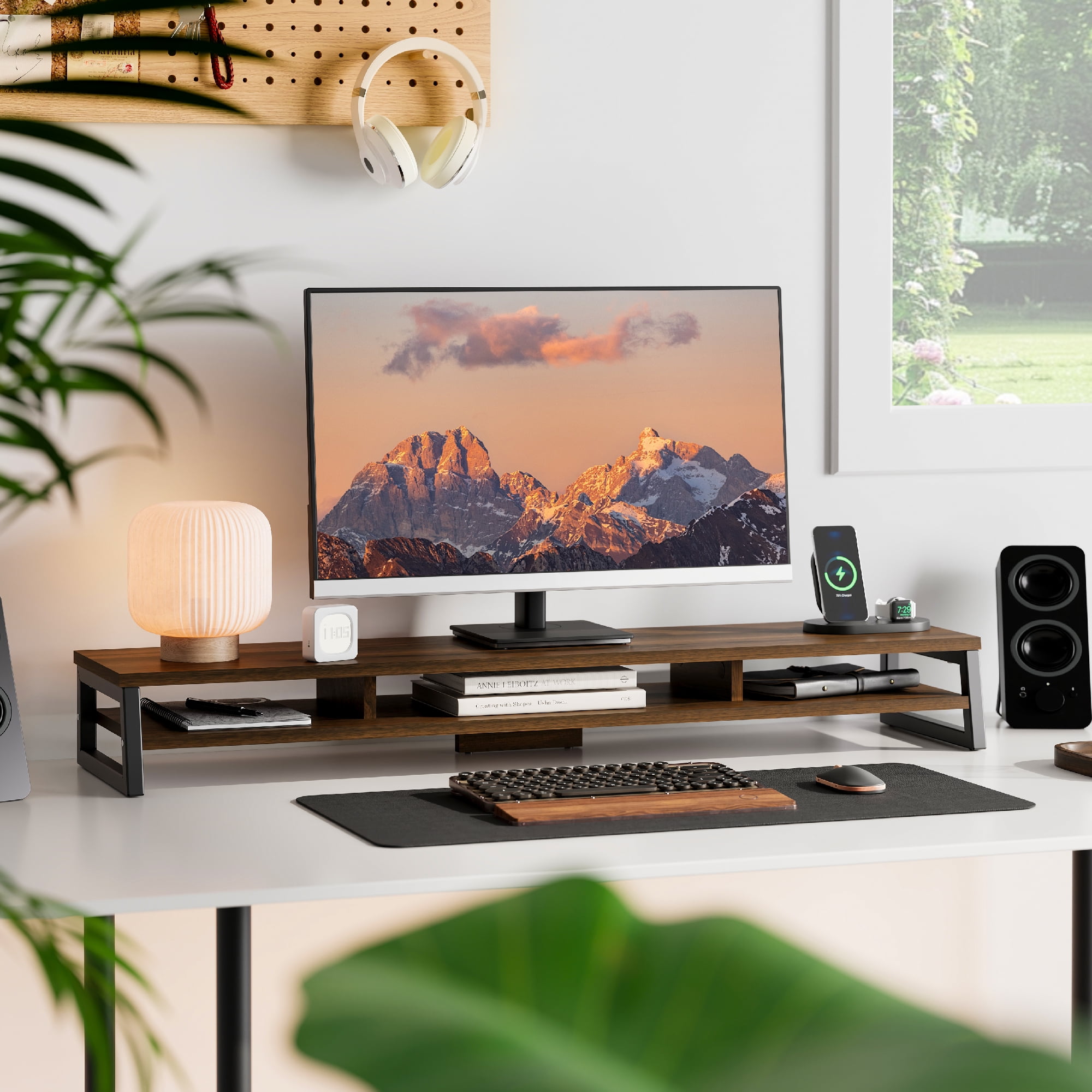 Fenge 42.5" Large Dual Monitor Stand, 2-Tier Desk Riser with Storage for Computers and Printers