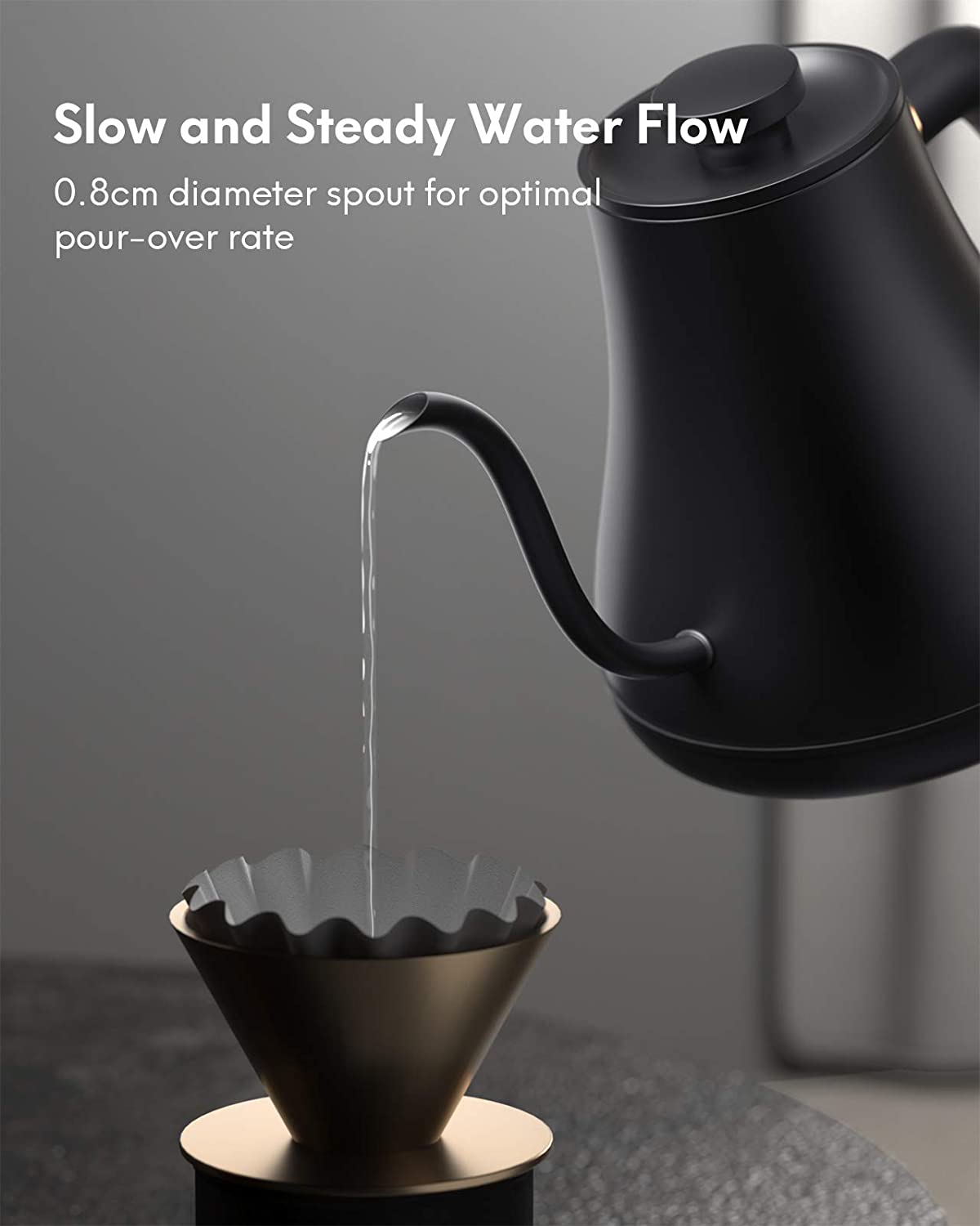 Gooseneck Kettle Temperature Control, Pour Over Electric Kettle for Coffee and Tea, 100% Stainless Steel Inner, 1200W Rapid Heating, 0.8L, Built-in Stopwatch